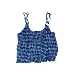 Stretch blue micro plaid cropped top tank large